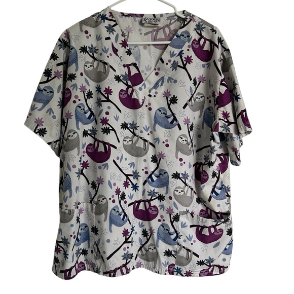 UAscrubs Sloth novelty Scrub top womens‎ size Large - Picture 1 of 7